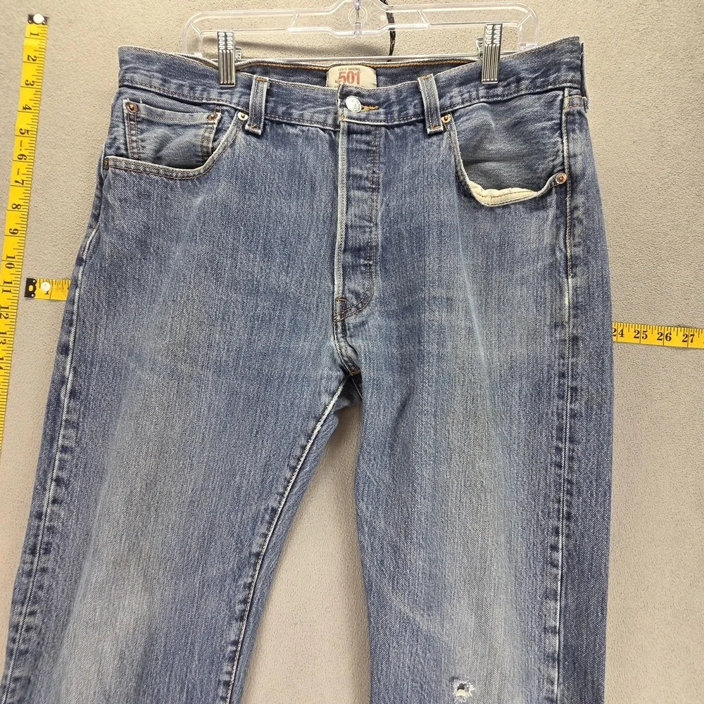 Levis 501 Jeans‎ Mens Blue Medium Wash Straight Button Fly Distressed Fits 34x32